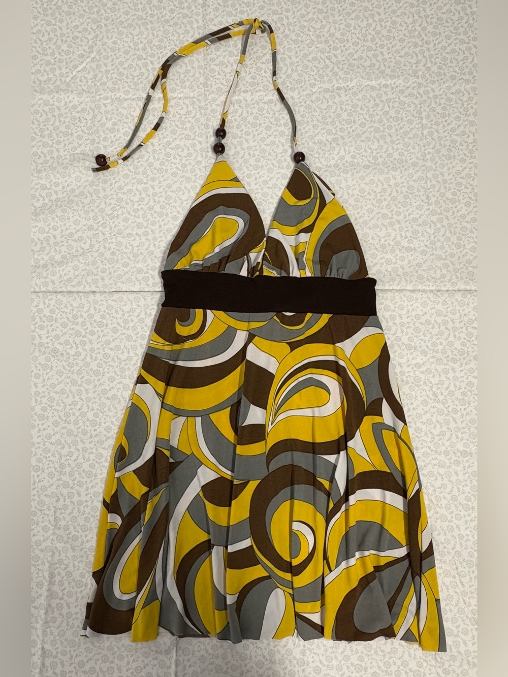 Y2K Elan Women's S Abstract Halter Tank Top Beaded Tie Jersey Yellow Brown Gray
